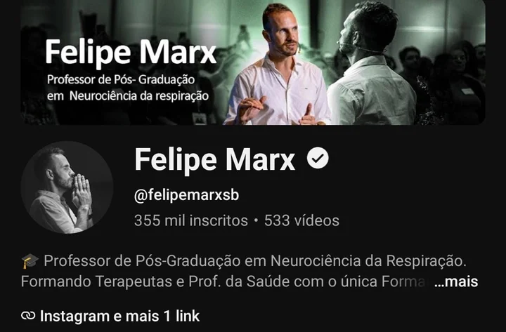 Canal de Felipe Marx no YouTube: @felipemarxsb, verificado, 355 mil inscritos e 533 vídeos